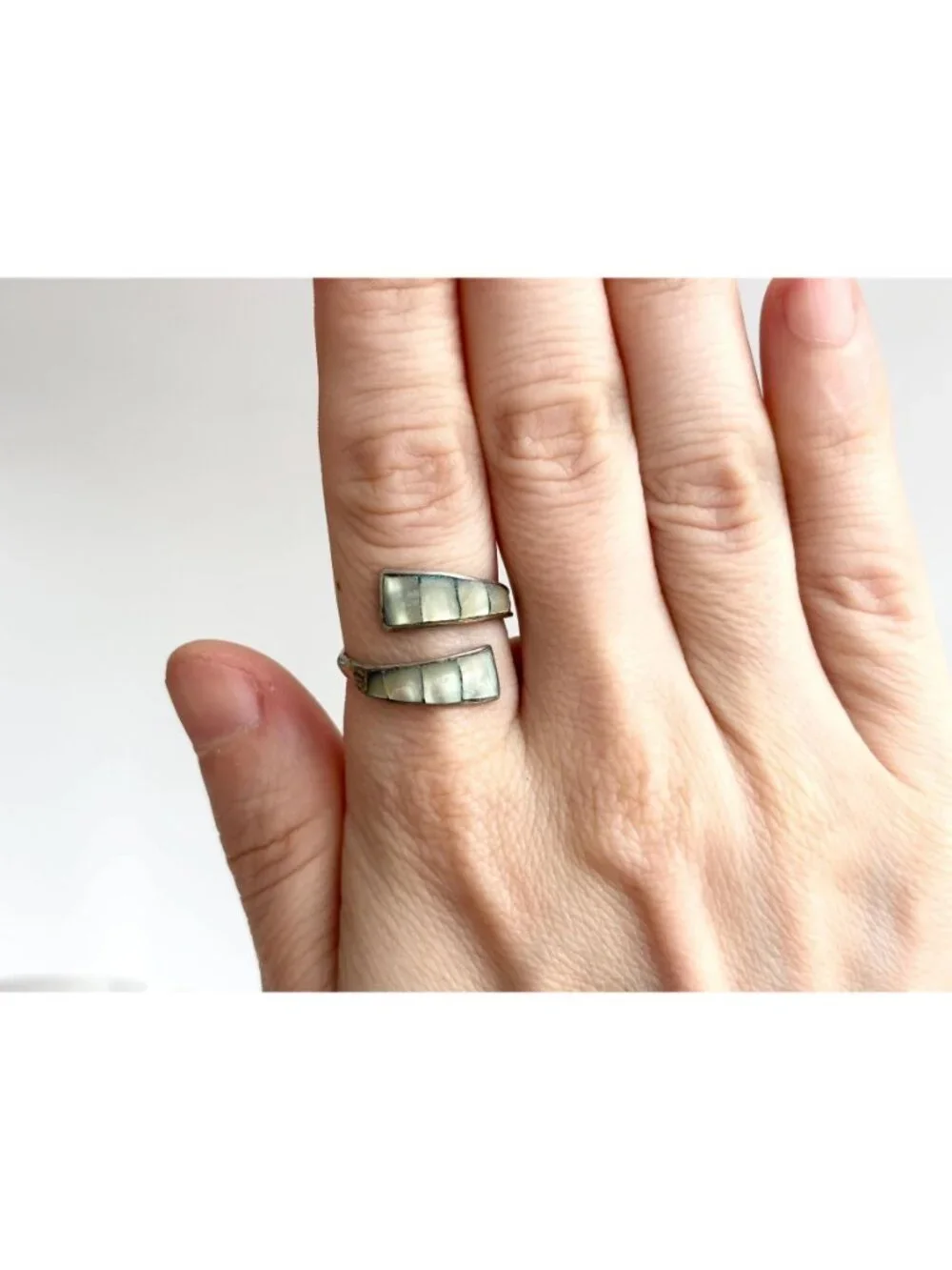 Mother of Pearl Inlay Wrap Taxco, Mexico Sterling Silver 925 Vintage Ring - sz 8